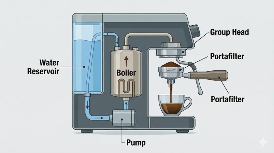 cross-section infographic of a modern espresso machine